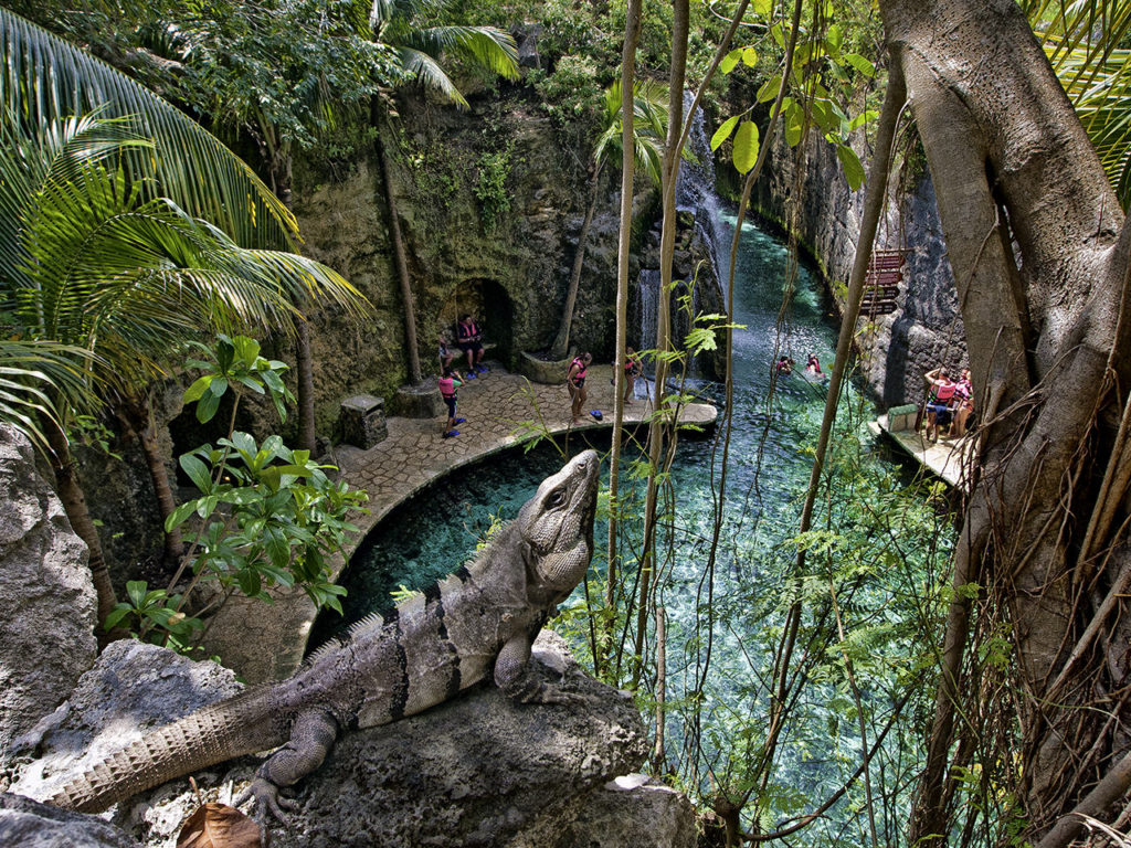 Cancun travel guide: Aerial view of an ecotourism park in Cancun with tourists, iguanas, and a small waterfall, surrounded by crystal-clear river water, trees, and palm trees.